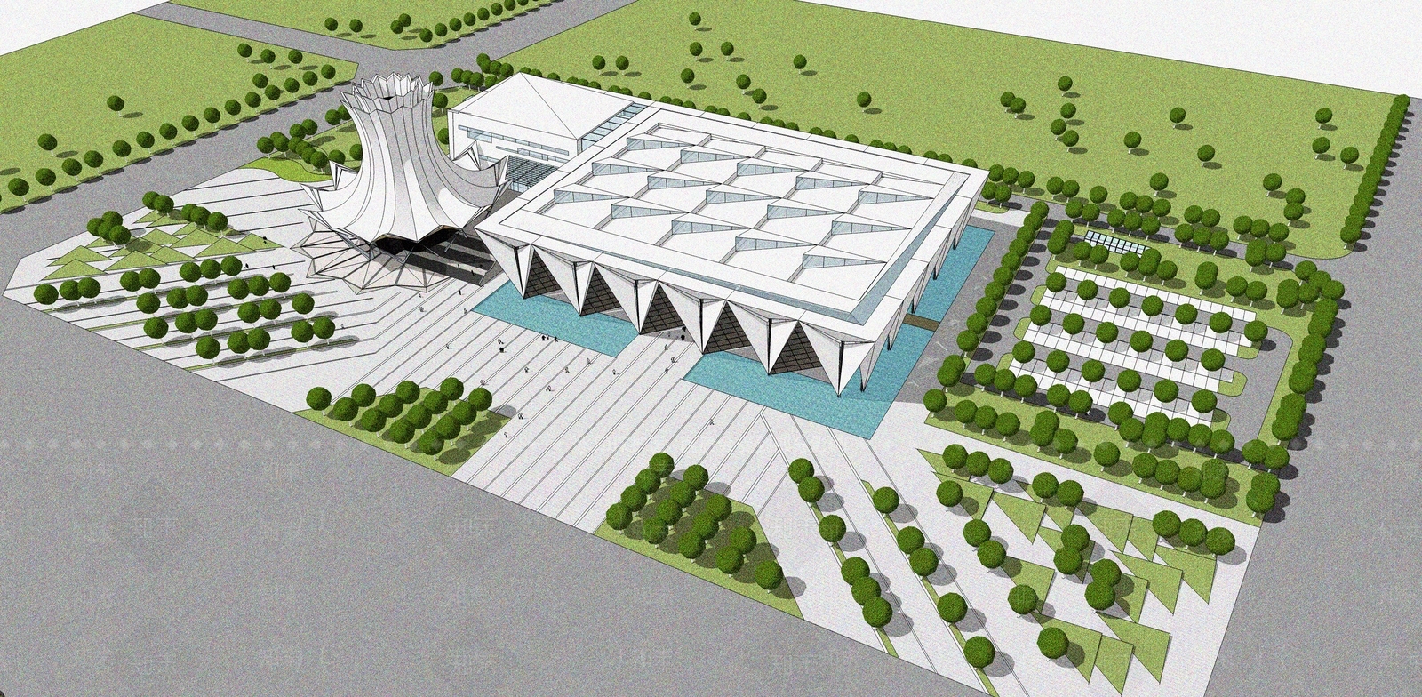 现代展览馆建筑SU模型下载【ID:1132039405】