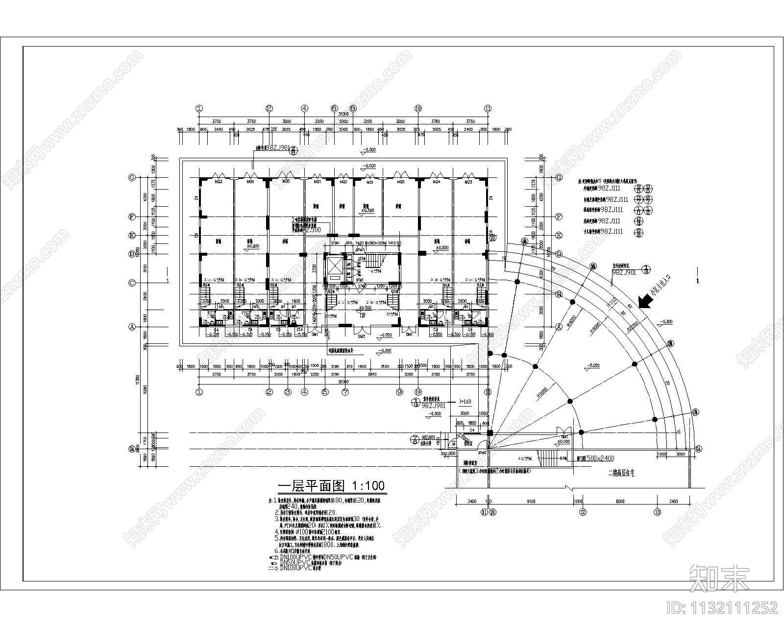 多层住宅建筑cad施工图下载【ID:1132111252】