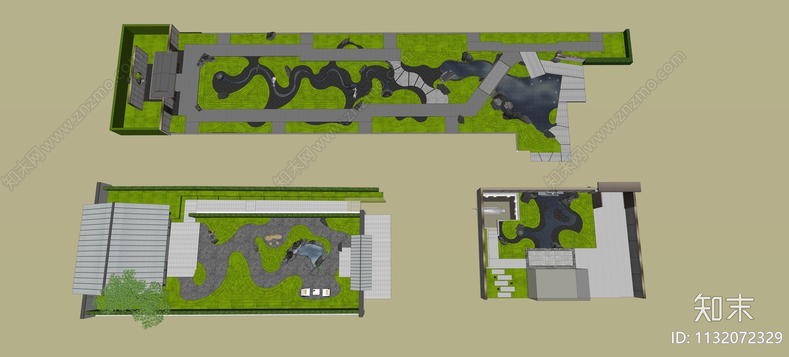 新中式禅意枯山水微地形景观SU模型下载【ID:1132072329】