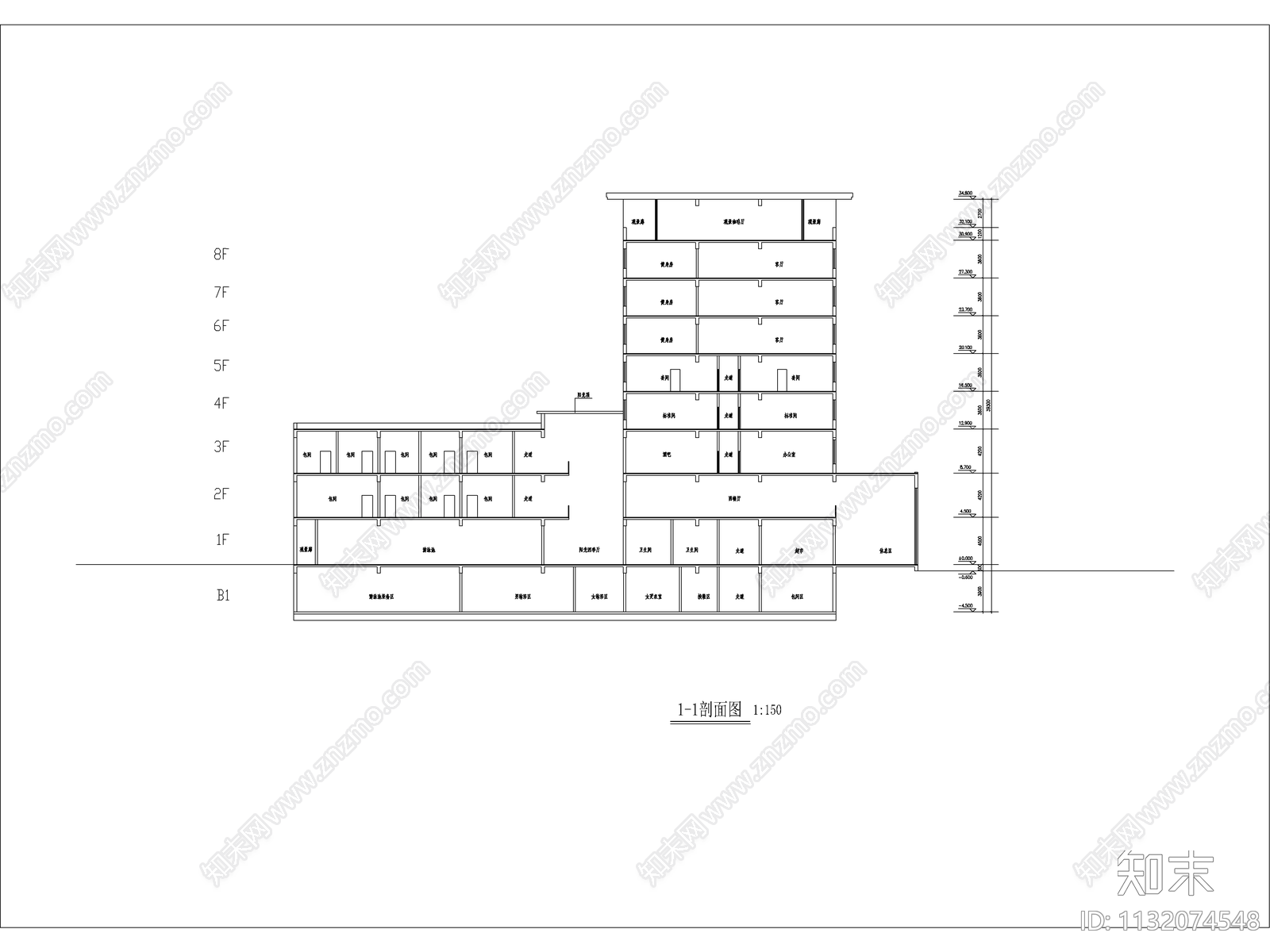 酒店建筑cad施工图下载【ID:1132074548】