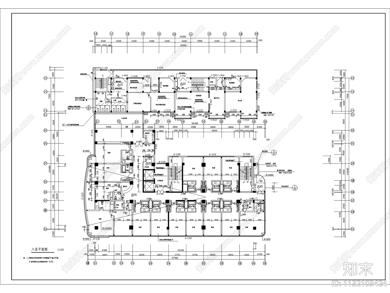 民航宾馆建施全套cad施工图下载【ID:1132103424】