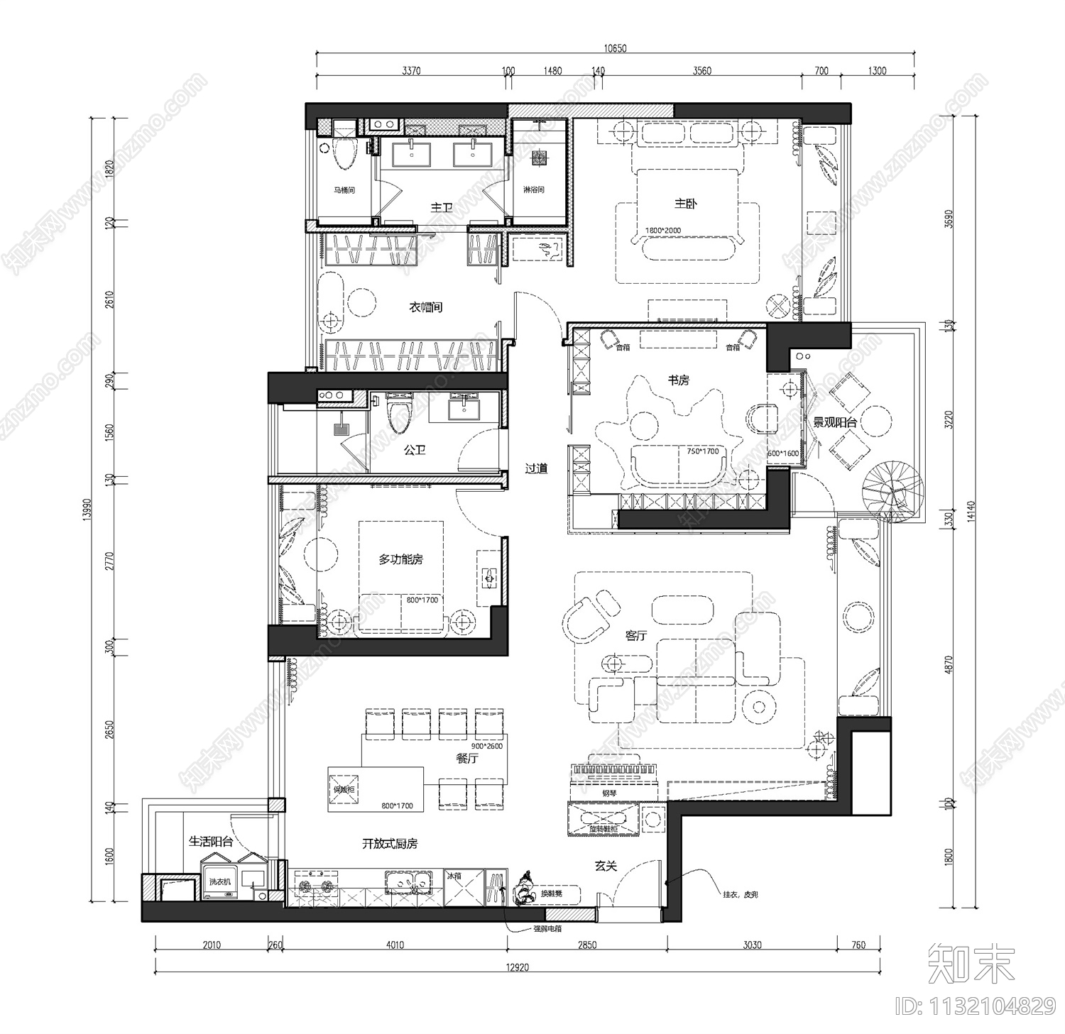 家装平层效果图cad施工图下载【ID:1132104829】