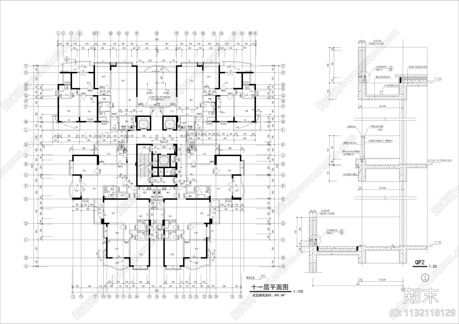 高层住宅楼建筑cad施工图下载【ID:1132118129】