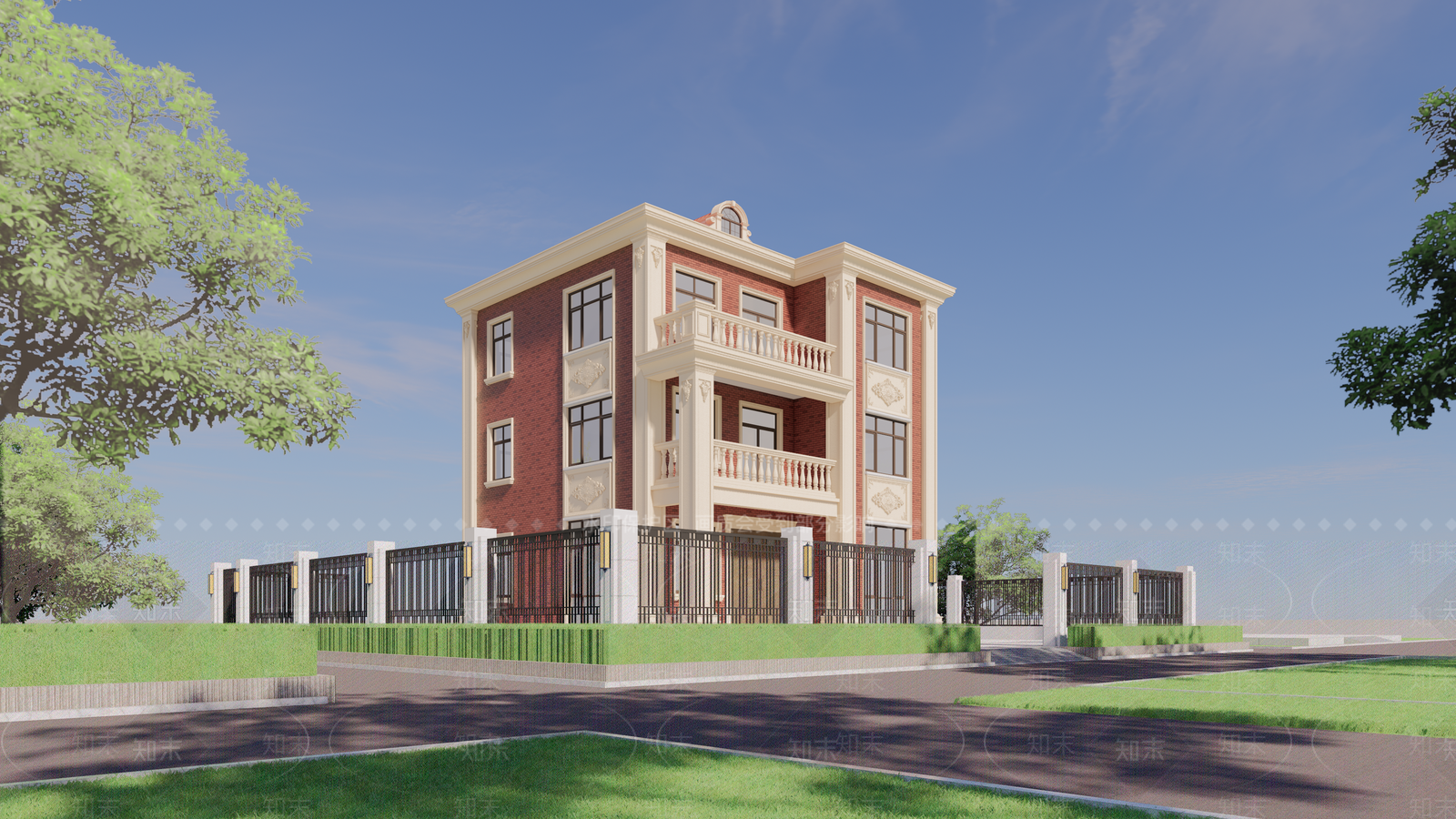 欧式红砖坡屋顶独栋别墅SU模型下载【ID:1132145181】