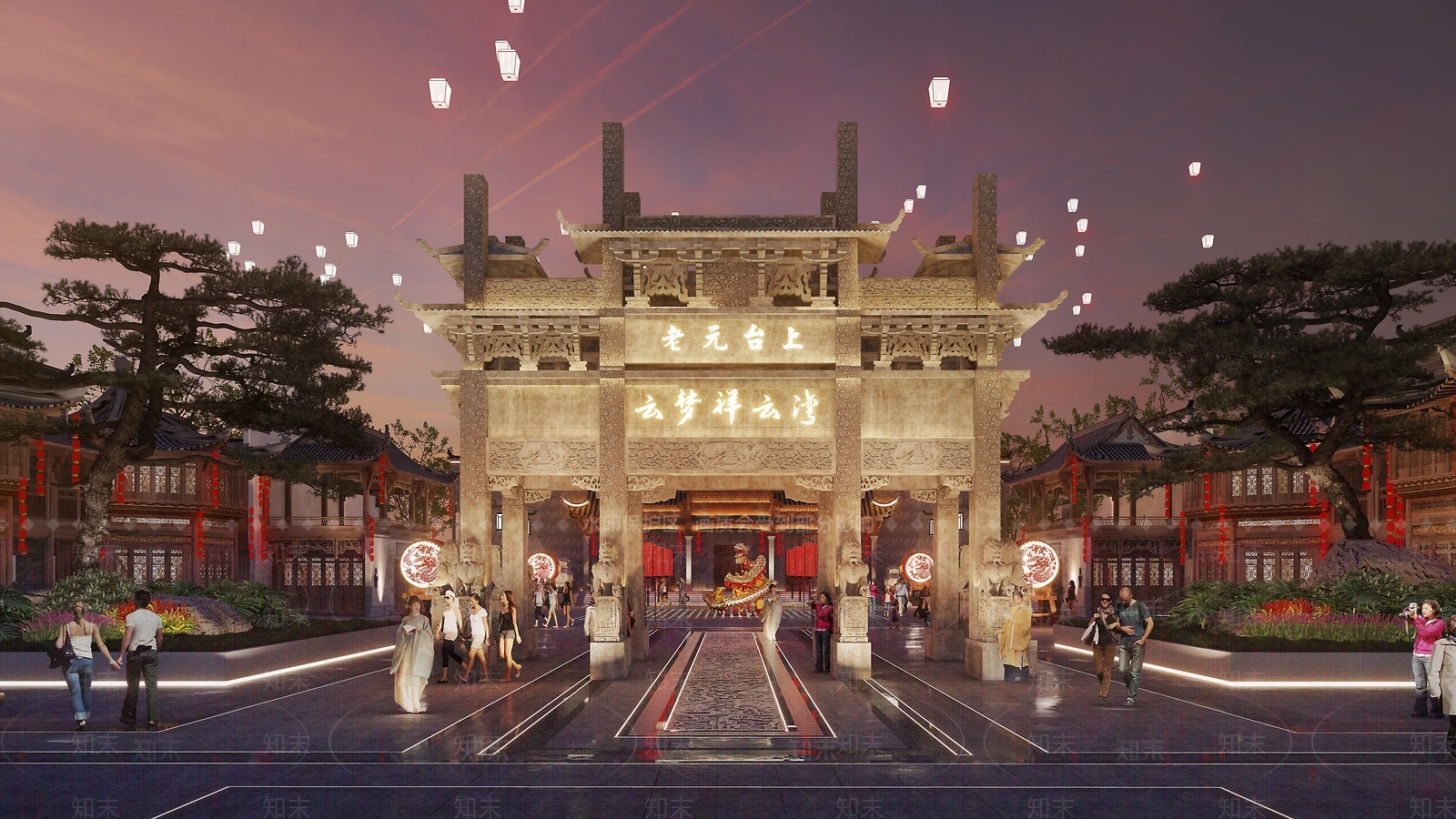 中式文化古街入口牌楼广场SU模型下载【ID:1132153919】