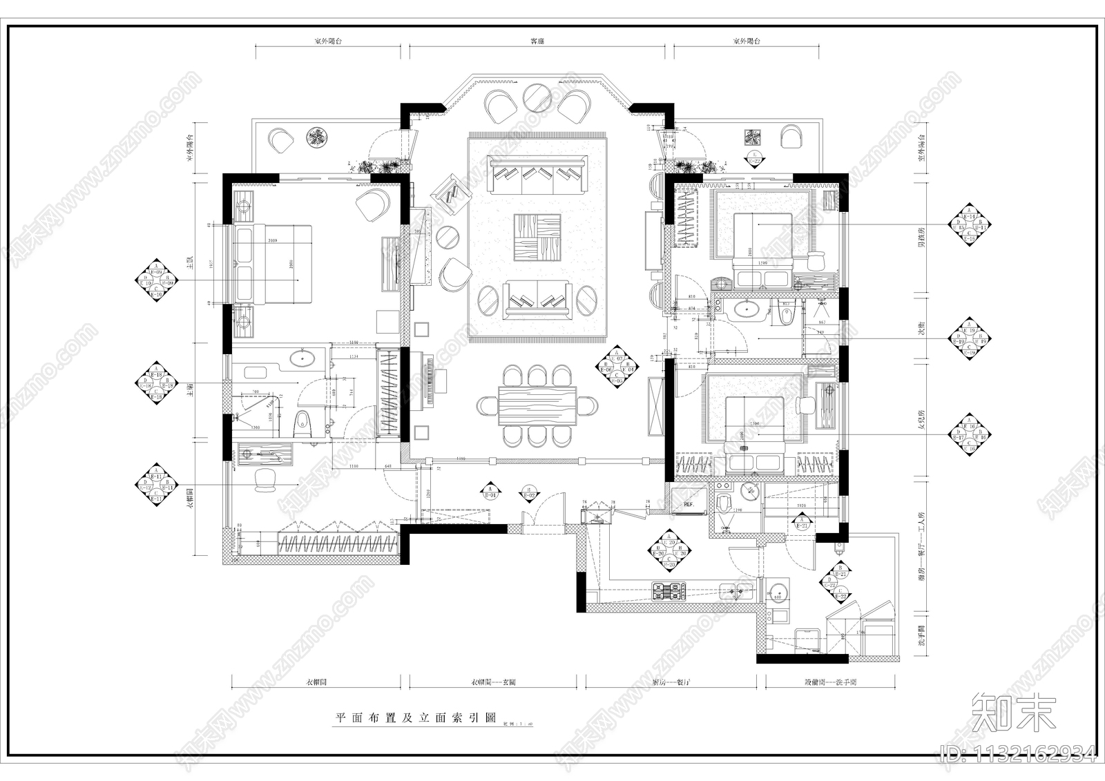 欧式大平层室内全套cad施工图下载【ID:1132162934】