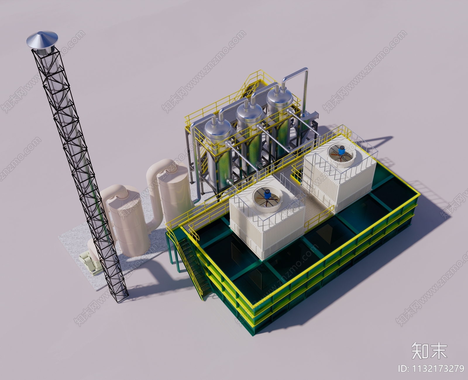 工业废气处理设备冷凝器降温塔烟囱钢结构SU模型下载【ID:1132173279】