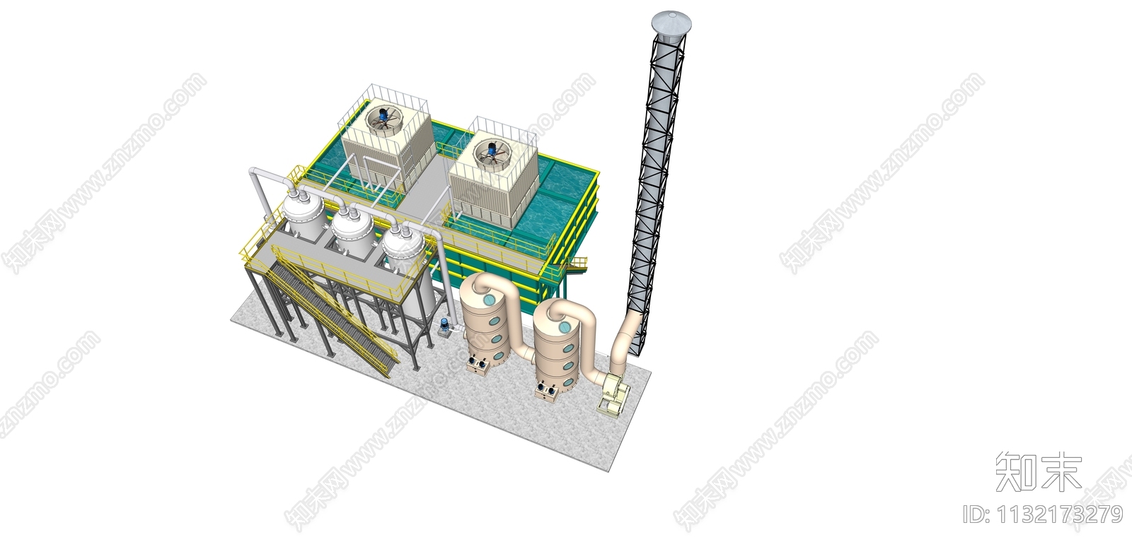工业废气处理设备冷凝器降温塔烟囱钢结构SU模型下载【ID:1132173279】