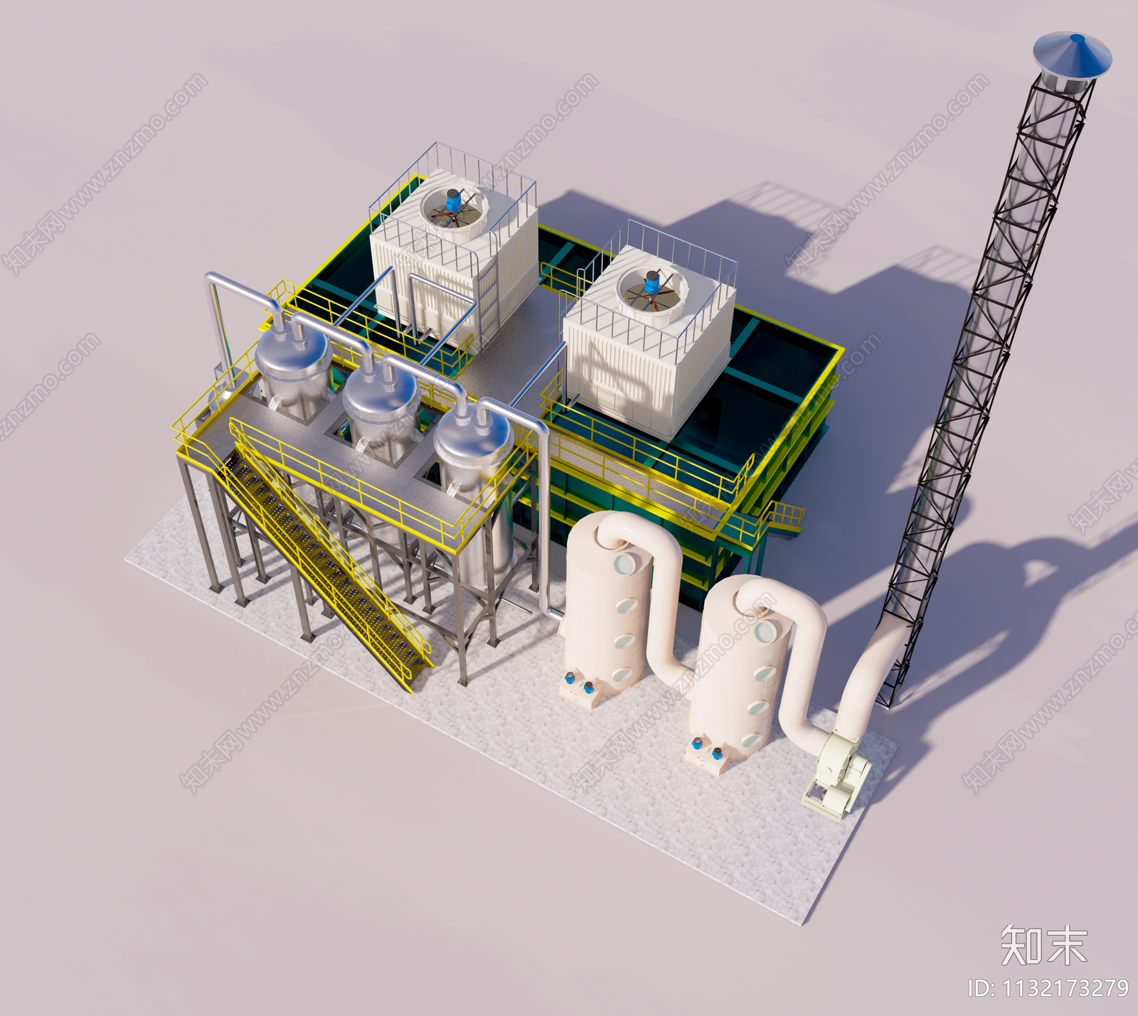 工业废气处理设备冷凝器降温塔烟囱钢结构SU模型下载【ID:1132173279】