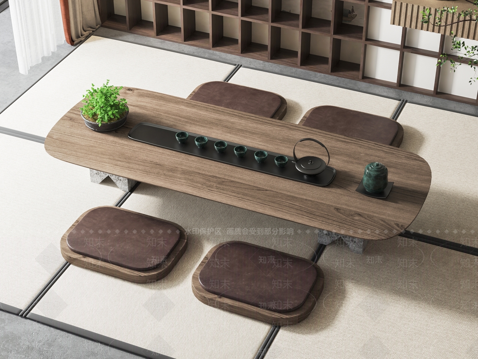 新中式榻榻米茶桌垫组合3D模型下载【ID:1132178242】