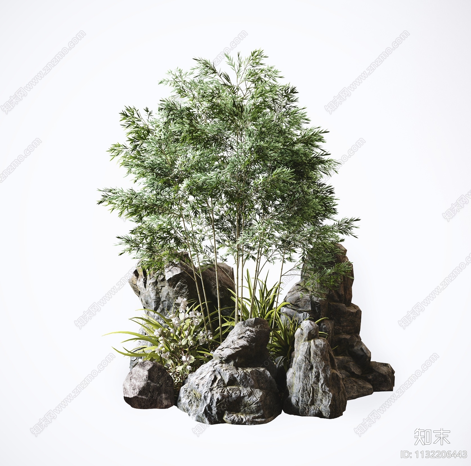 新中式园林艺术假山石头竹子植物小品SU模型下载【ID:1132206443】