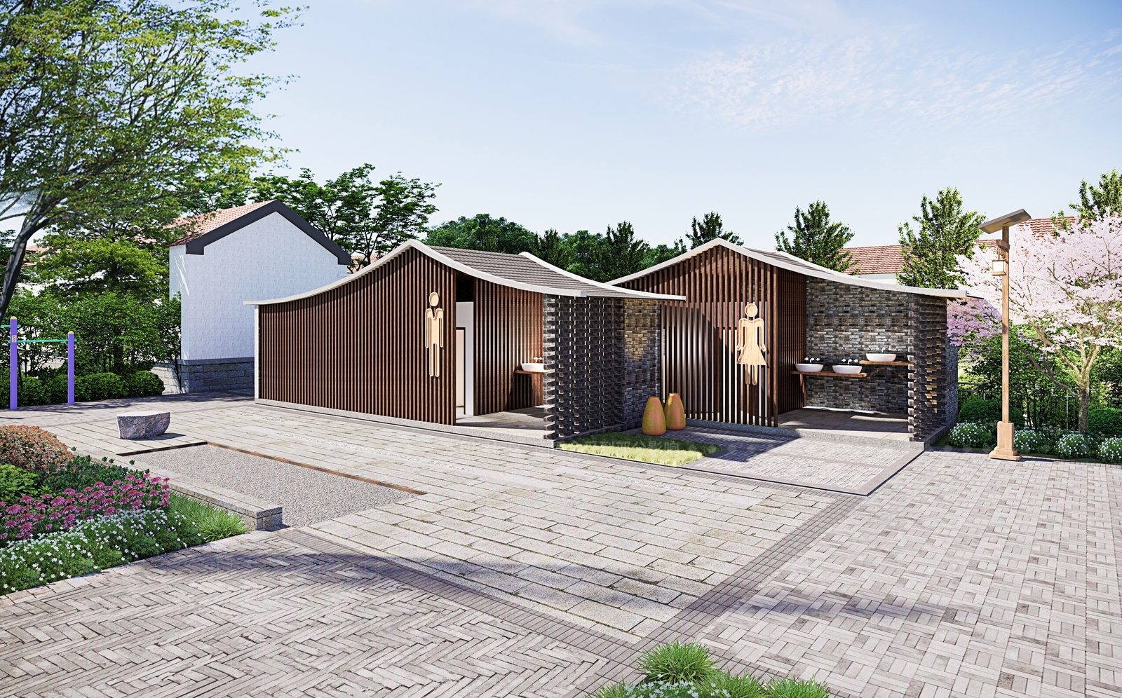 新中式公共厕所建筑SU模型下载【ID:1132254733】