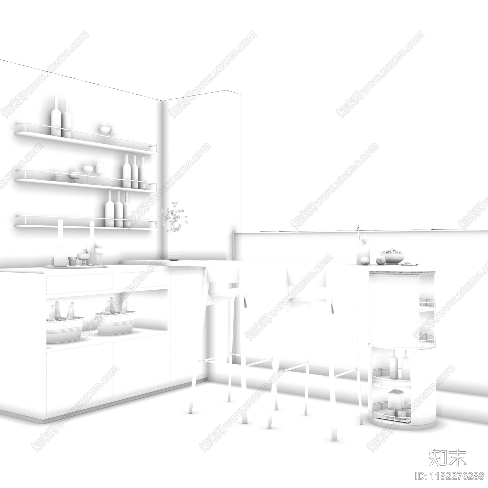 现代别墅阳台吧台吧椅组合3D模型下载【ID:1132276288】