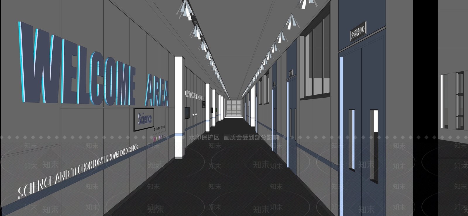 现代校园科技感走廊SU模型下载【ID:1132293355】