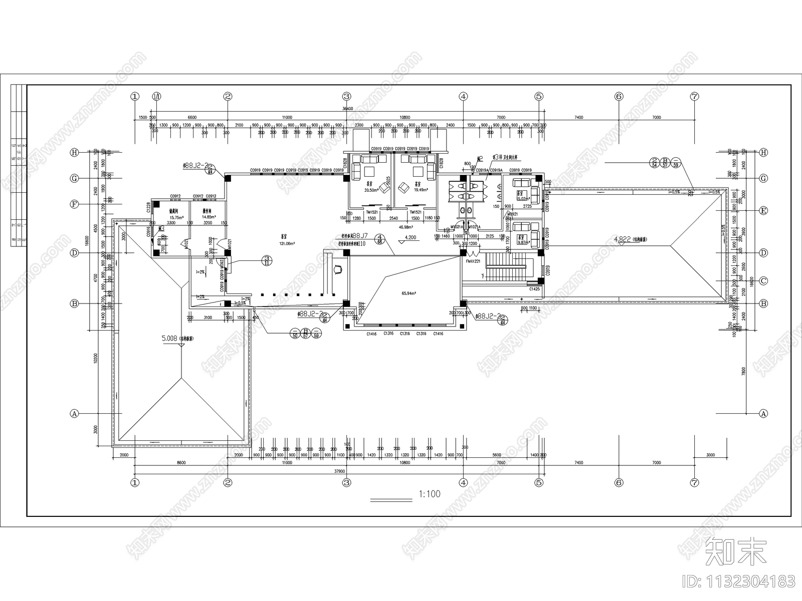 会所建筑cad施工图下载【ID:1132304183】