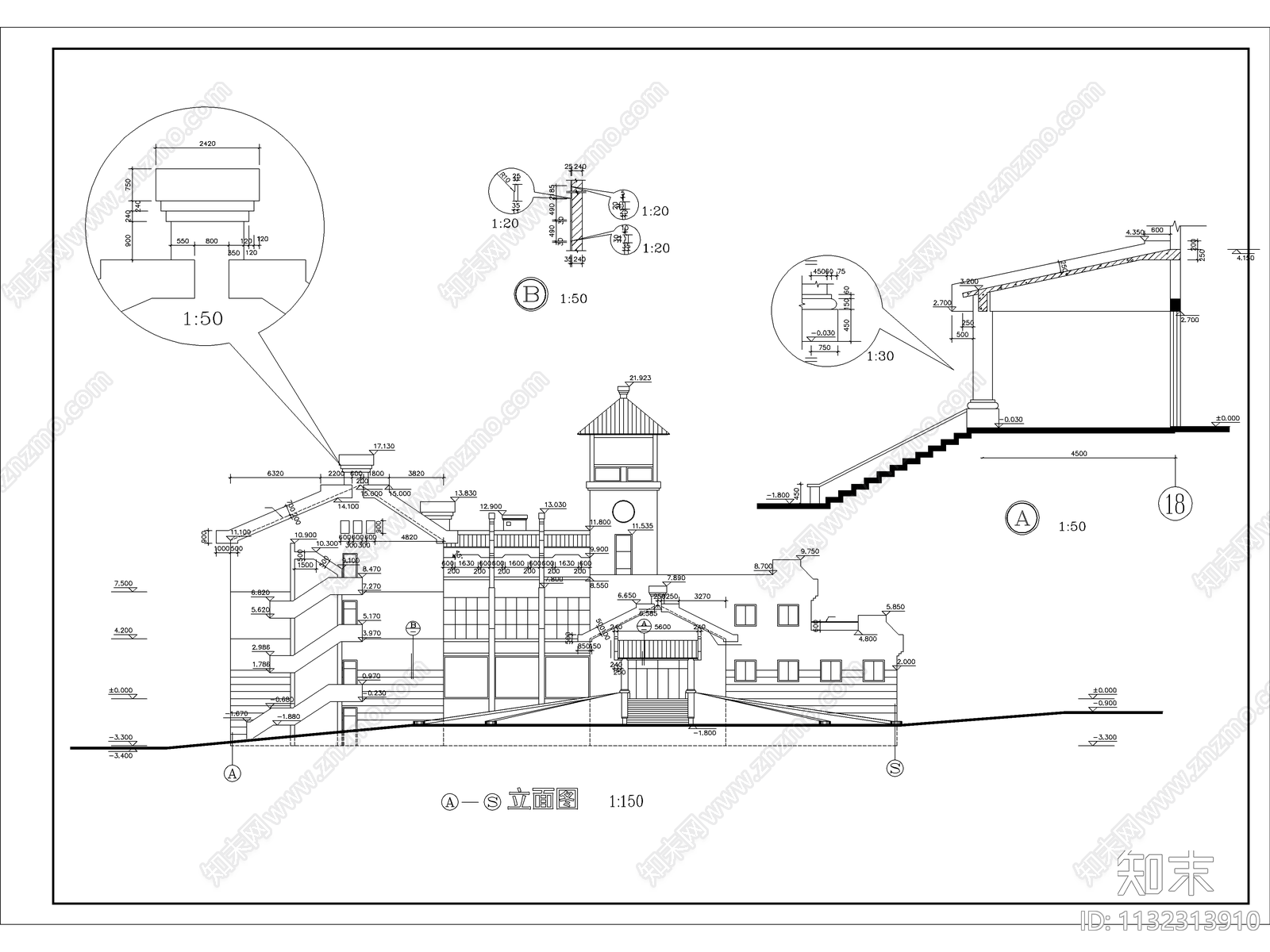 接待中心建筑cad施工图下载【ID:1132313910】