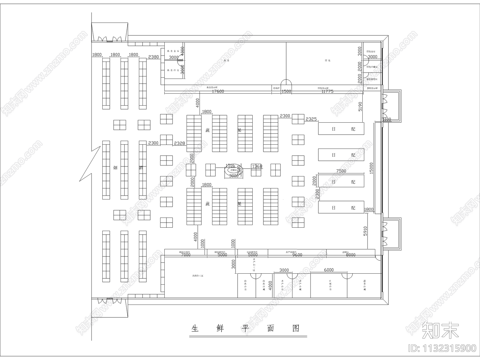 超市室内平面布置图cad施工图下载【ID:1132315900】