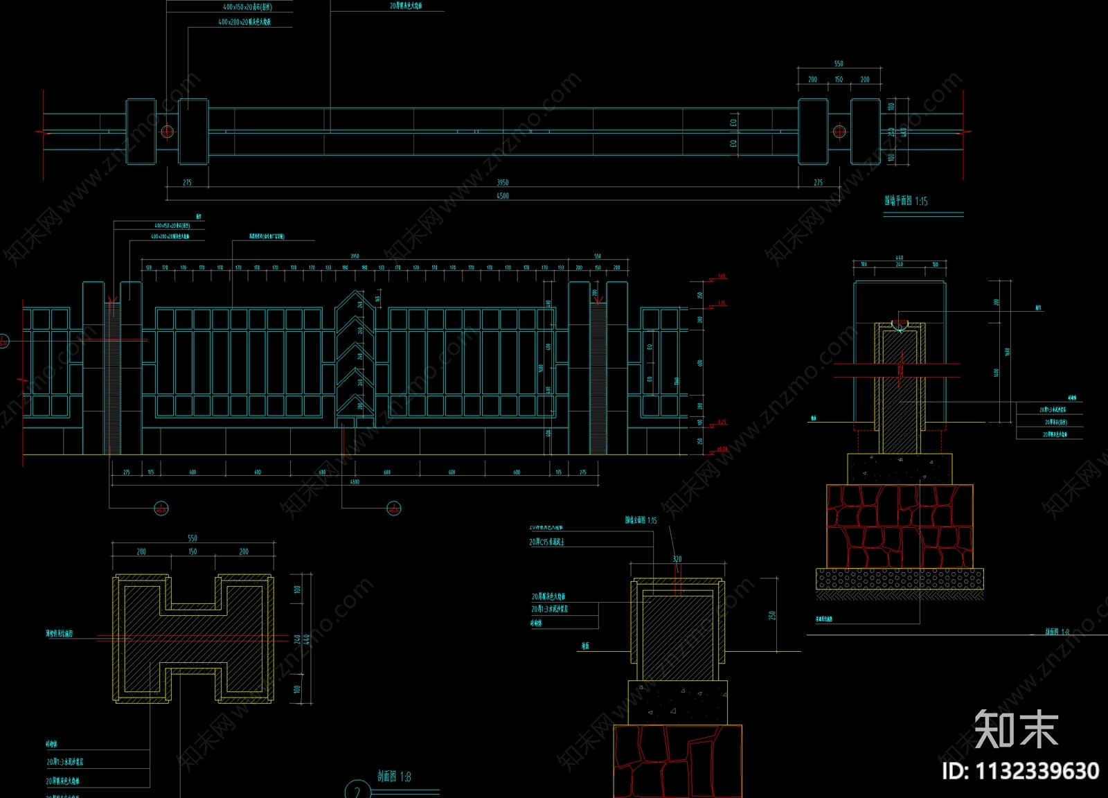 76件各种栏杆围墙cad施工图下载【ID:1132339630】