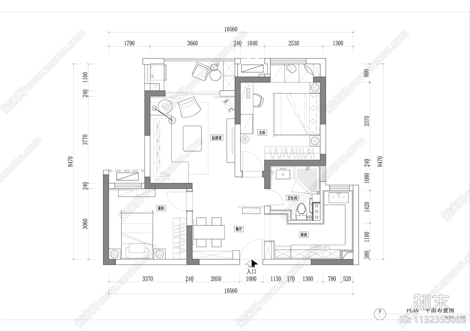 平层家装全套效果图cad施工图下载【ID:1132353009】