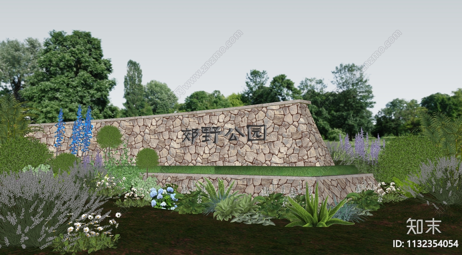 现代产业园公园入口大门LOGO景墙围墙SU模型下载【ID:1132354054】