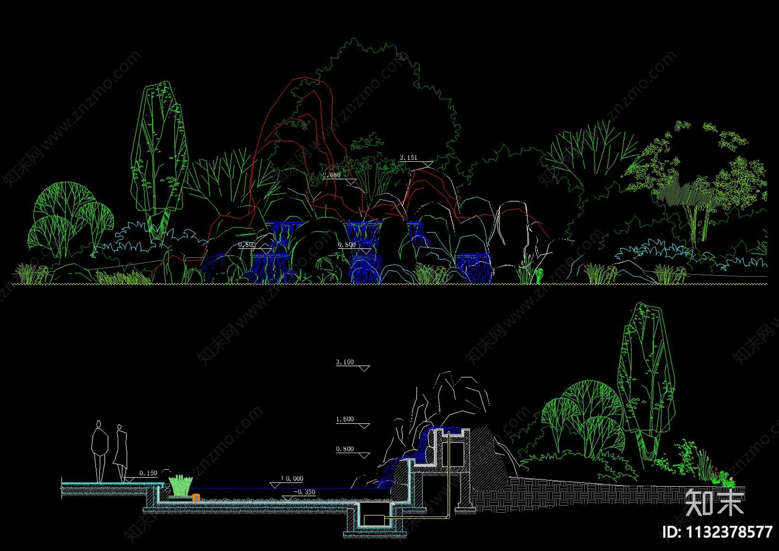 中式假山跌水叠水置石立面施工图下载【ID:1132378577】