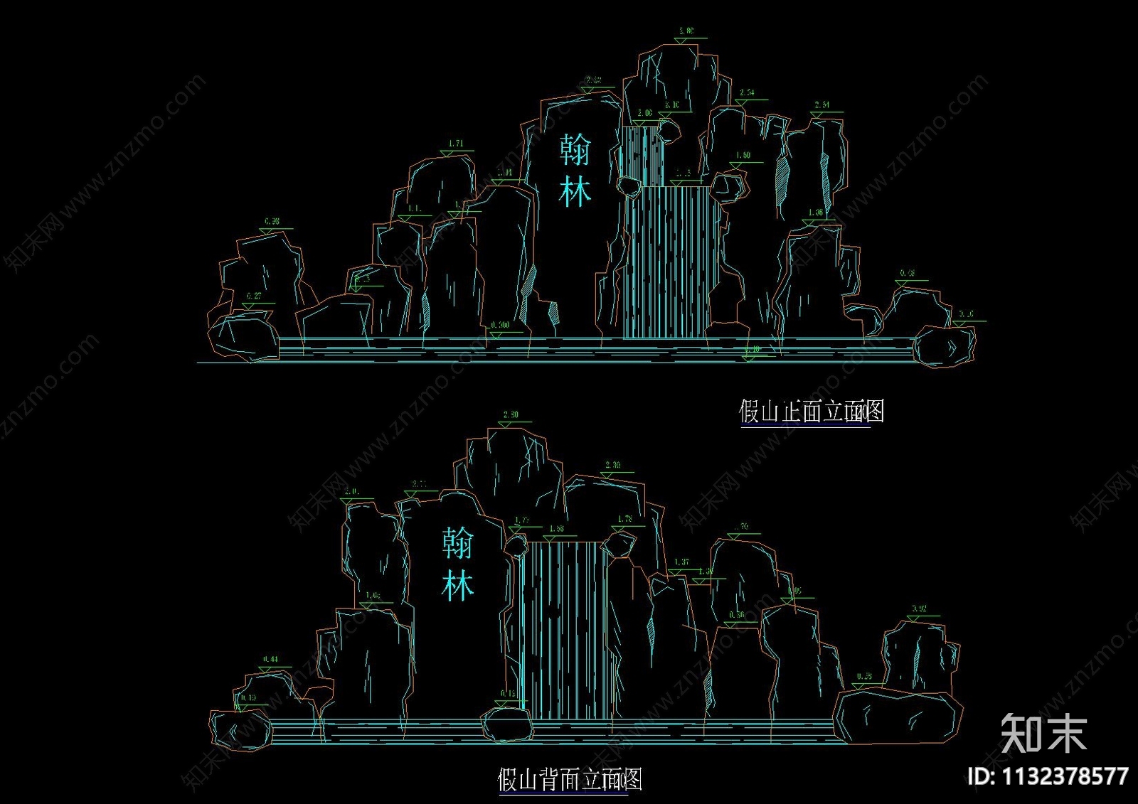 中式假山跌水叠水置石立面cad施工图下载【ID:1132378577】