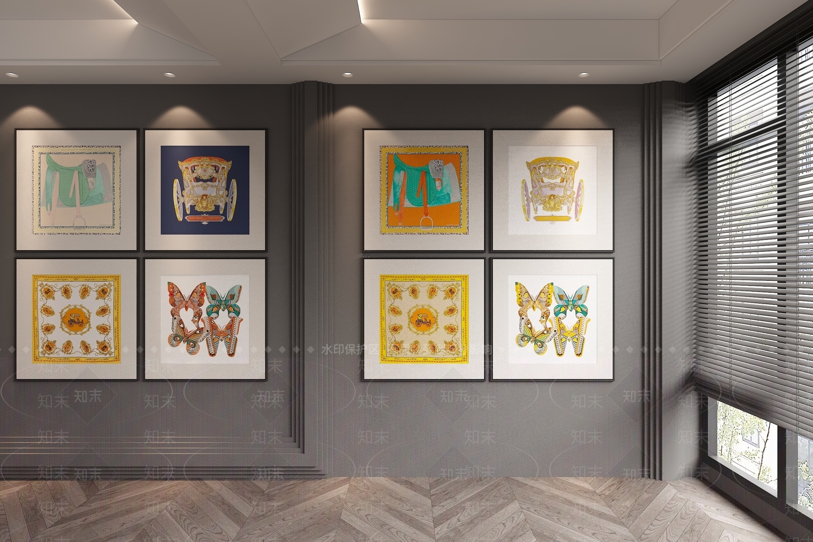 现代爱马仕马背蝴蝶马车装饰画3D模型下载【ID:1132379016】