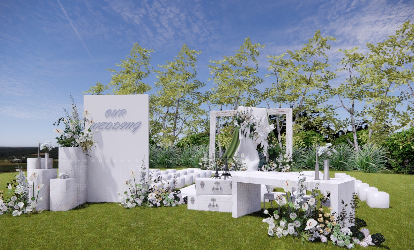 现代白绿色系户外草坪婚礼美陈SU模型下载【ID:1132382002】