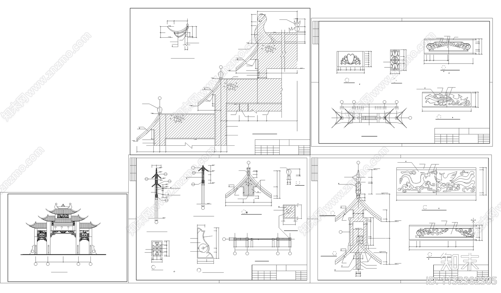 25套古建筑牌坊cad施工图下载【ID:1132382305】
