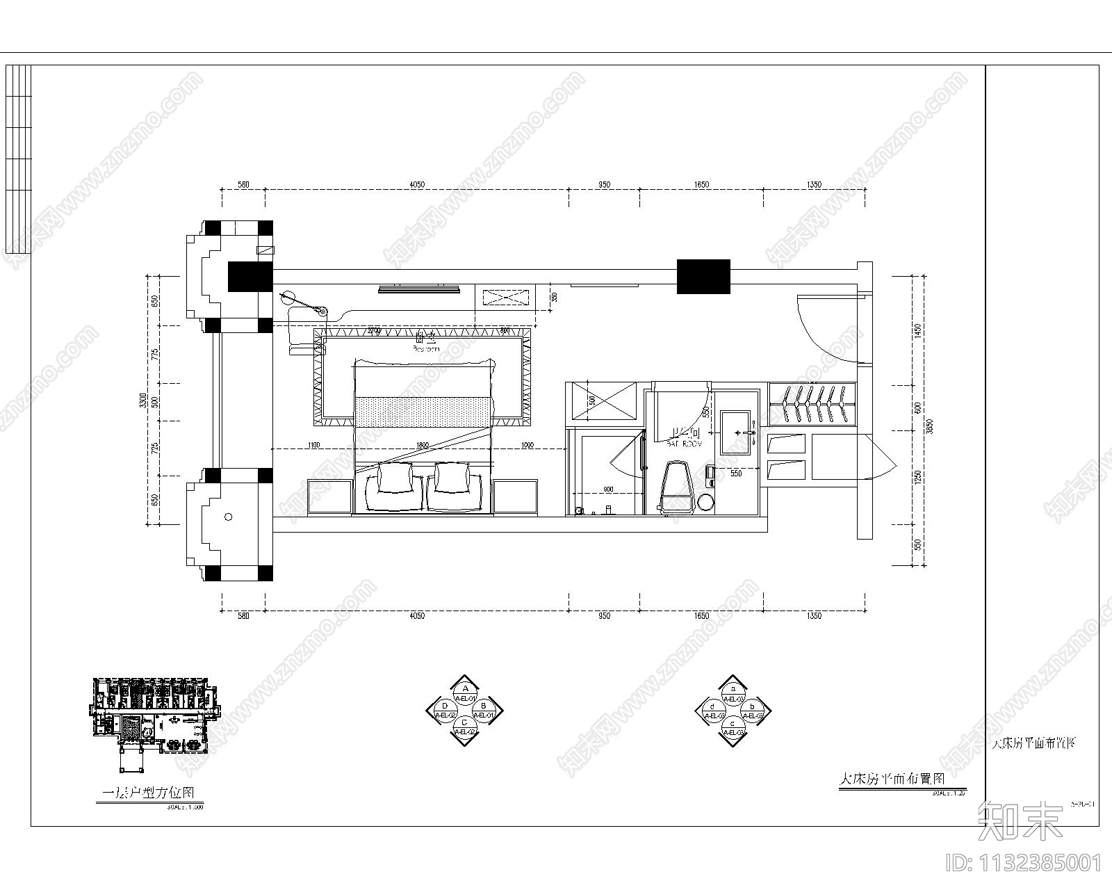 新中式酒店大床房cad施工图下载【ID:1132385001】