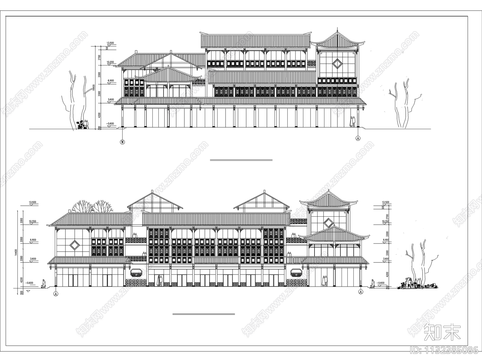 3套中式仿古建筑设计cad施工图下载【ID:1132385086】