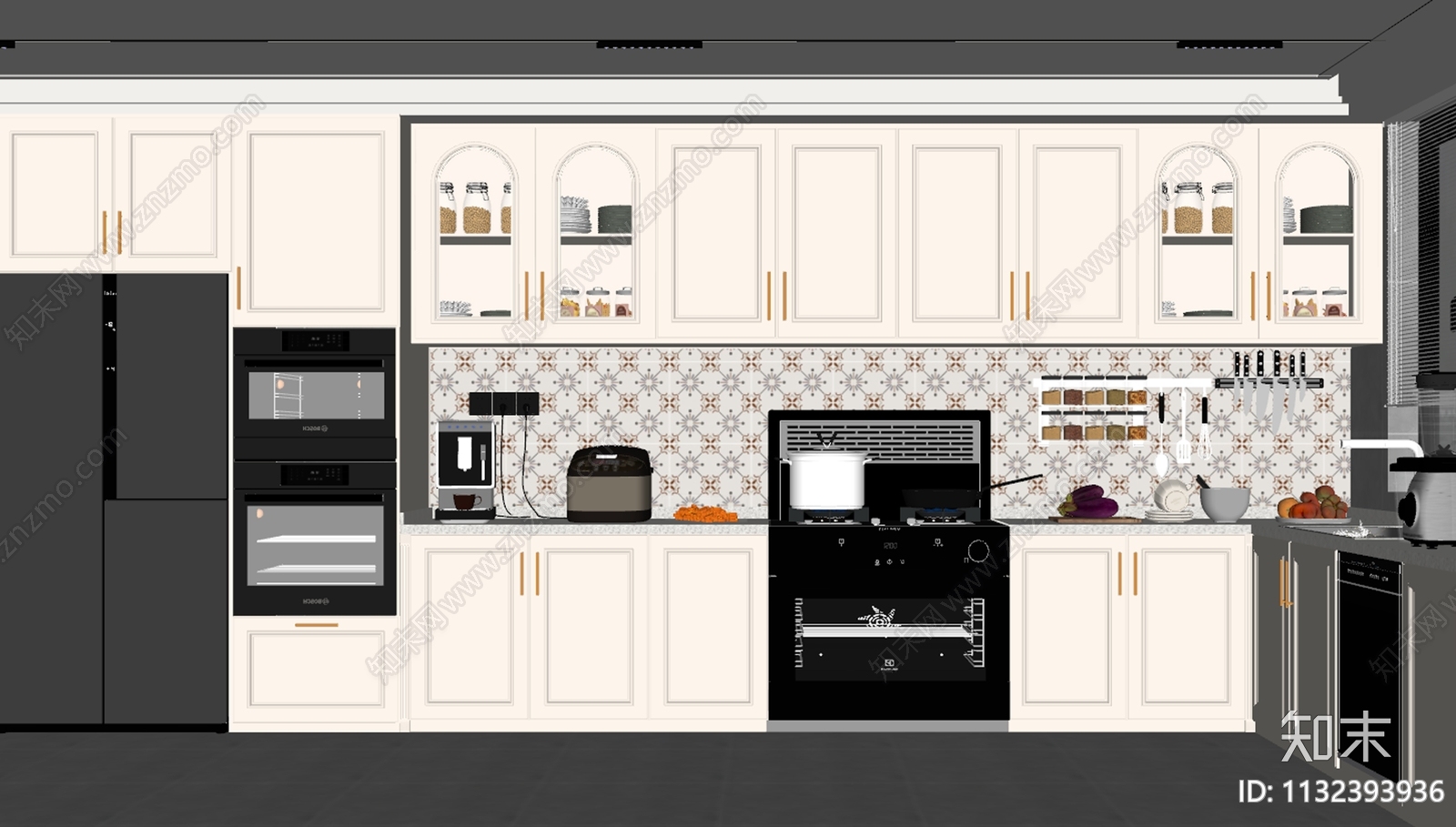 法式奶油风封闭式厨房SU模型下载【ID:1132393936】