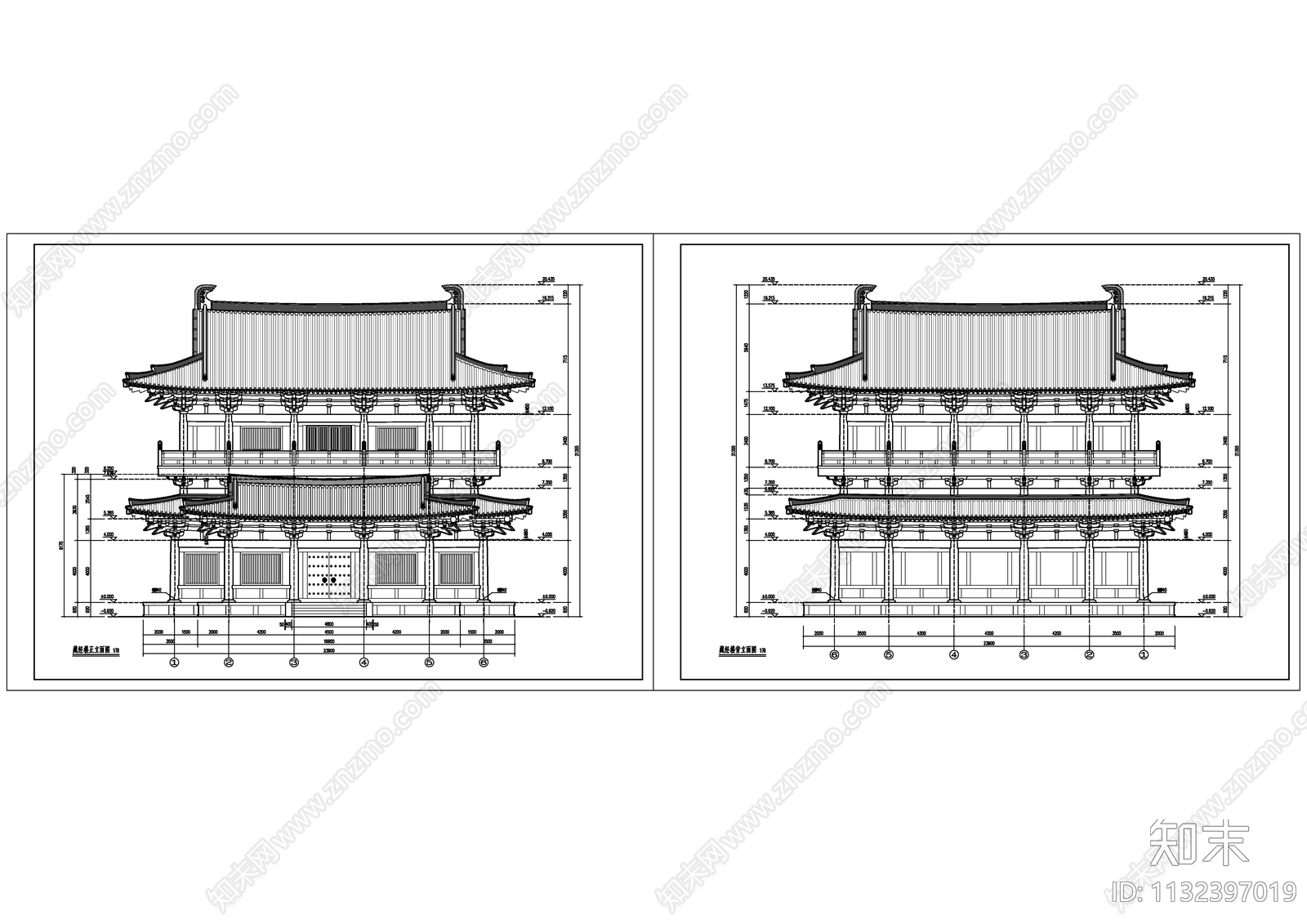 藏经楼重檐歇山顶古建筑cad施工图下载【ID:1132397019】