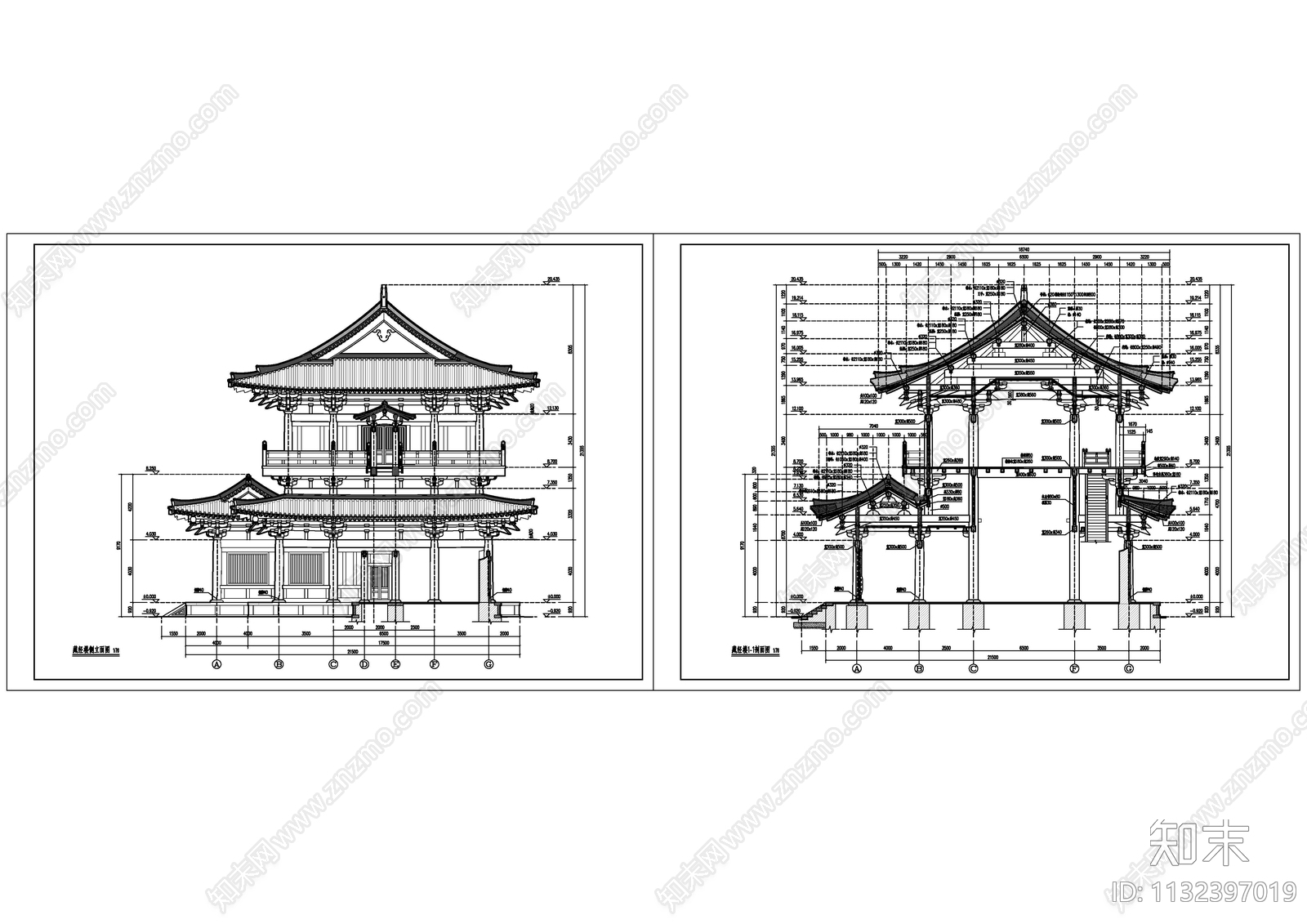 藏经楼重檐歇山顶古建筑cad施工图下载【ID:1132397019】