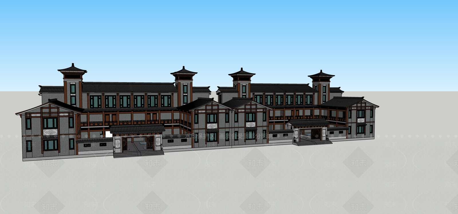 新中式展览馆建筑SU模型下载【ID:1132406027】