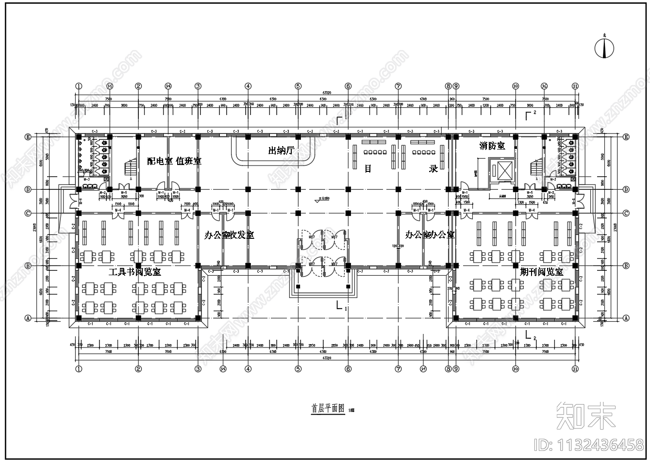 5层框架结构图书馆建筑cad施工图下载【ID:1132436458】