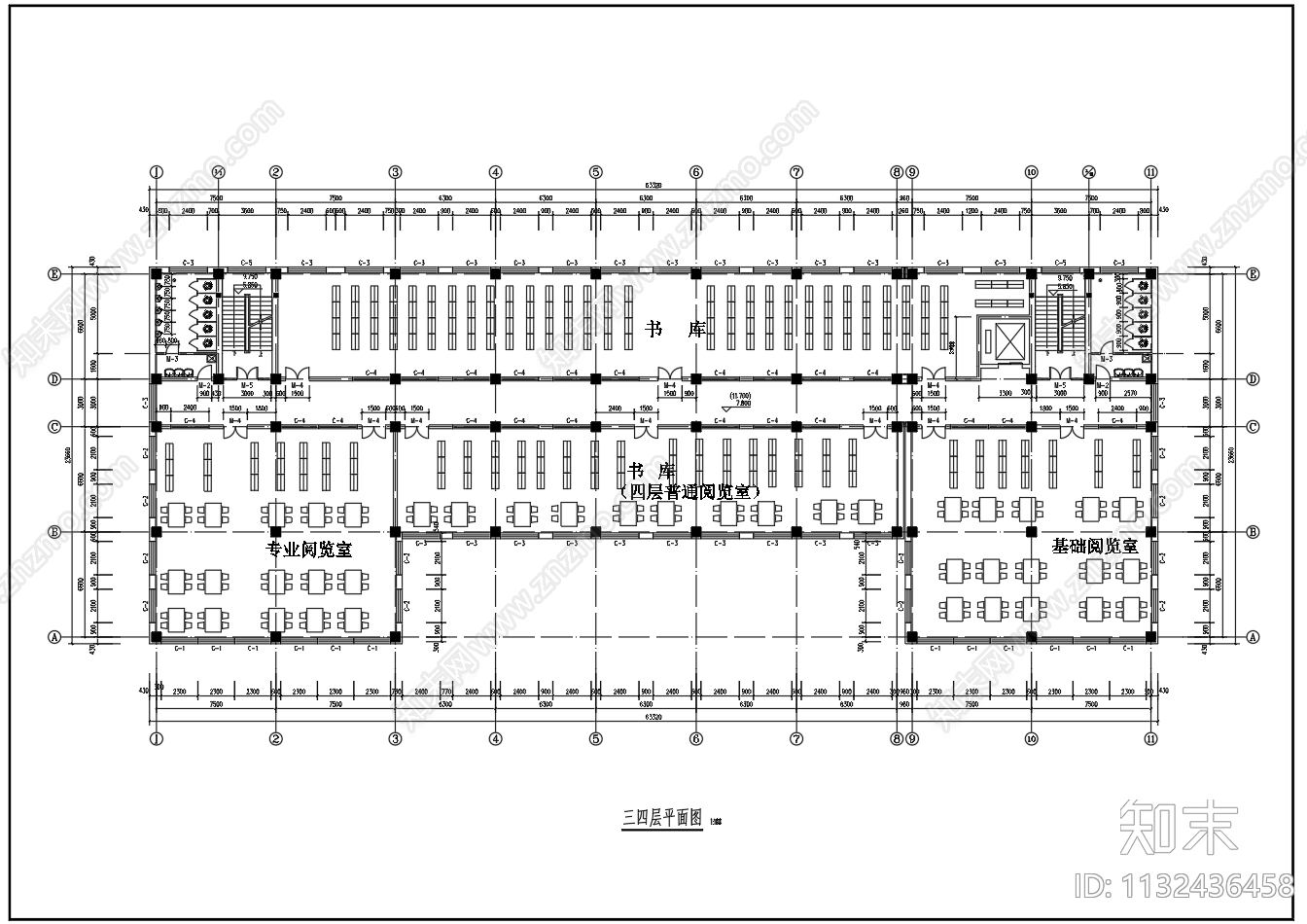 5层框架结构图书馆建筑cad施工图下载【ID:1132436458】