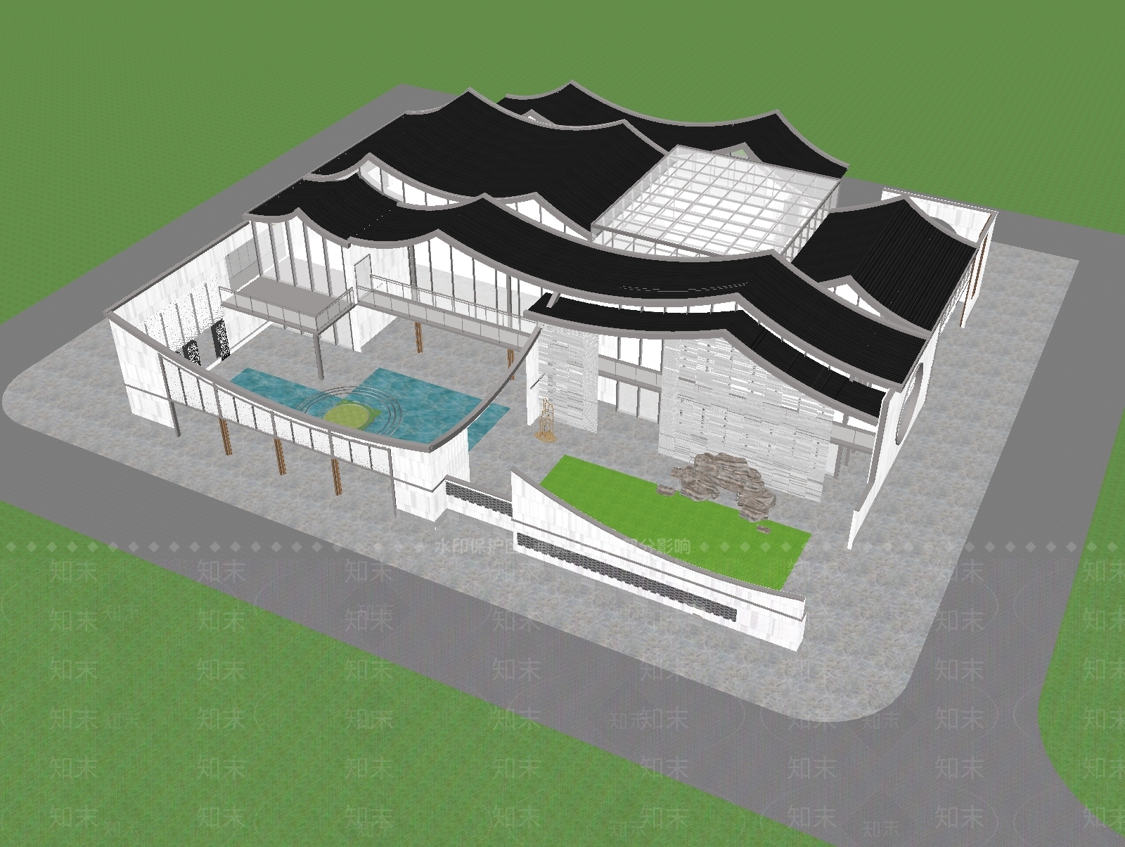 新中式文教建筑SU模型下载【ID:1132439153】