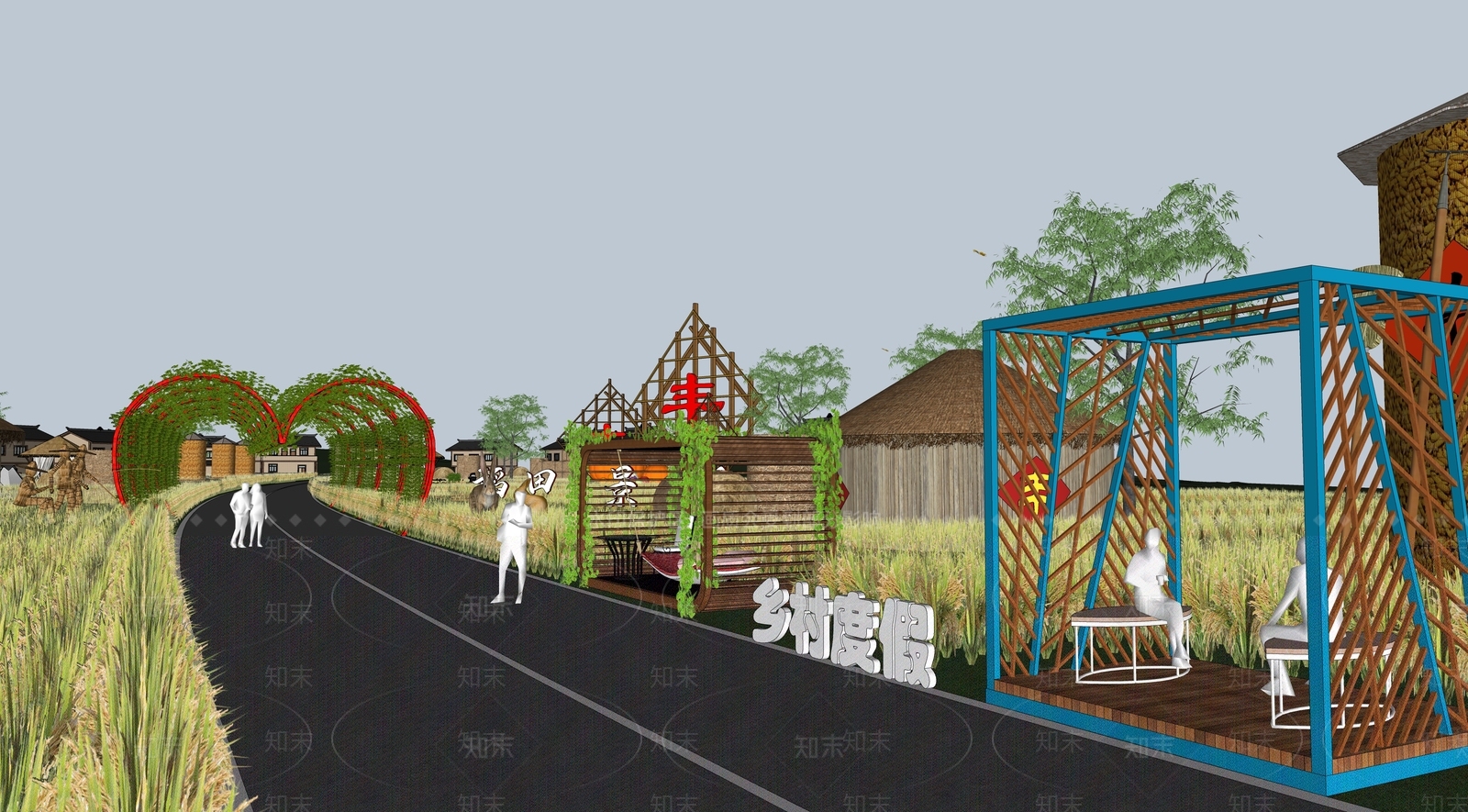 现代稻田乡村公园SU模型下载【ID:1132458227】
