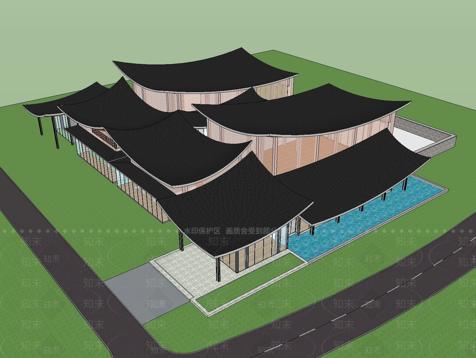 新中式展览馆建筑SU模型下载【ID:1148841068】