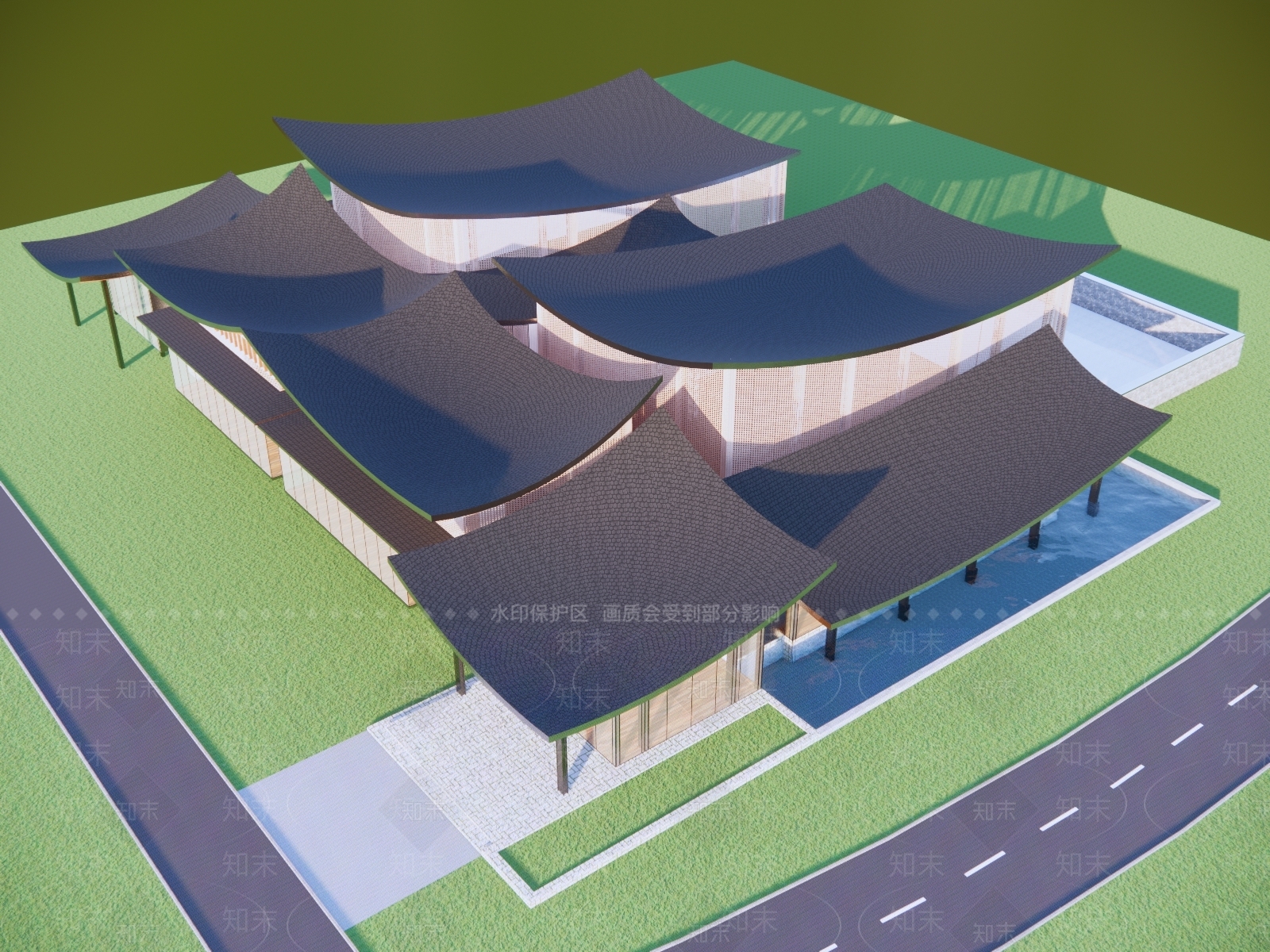 新中式展览馆建筑SU模型下载【ID:1148841068】