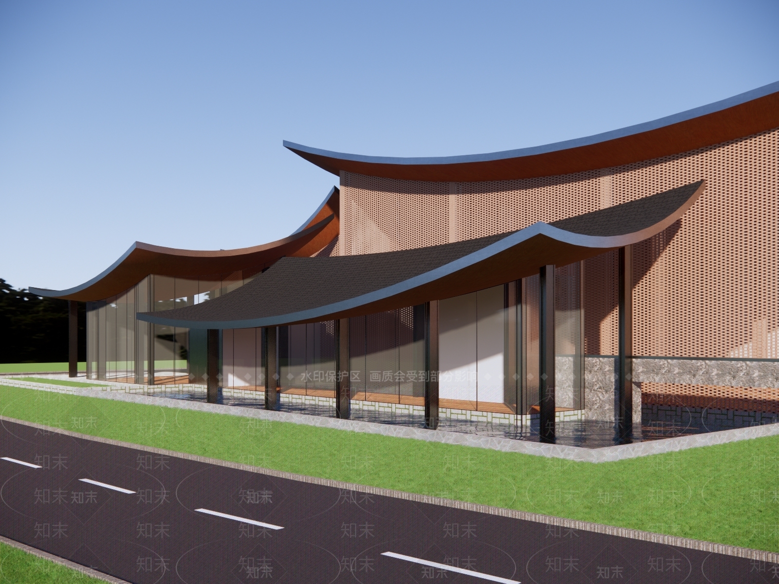新中式展览馆建筑SU模型下载【ID:1148841068】
