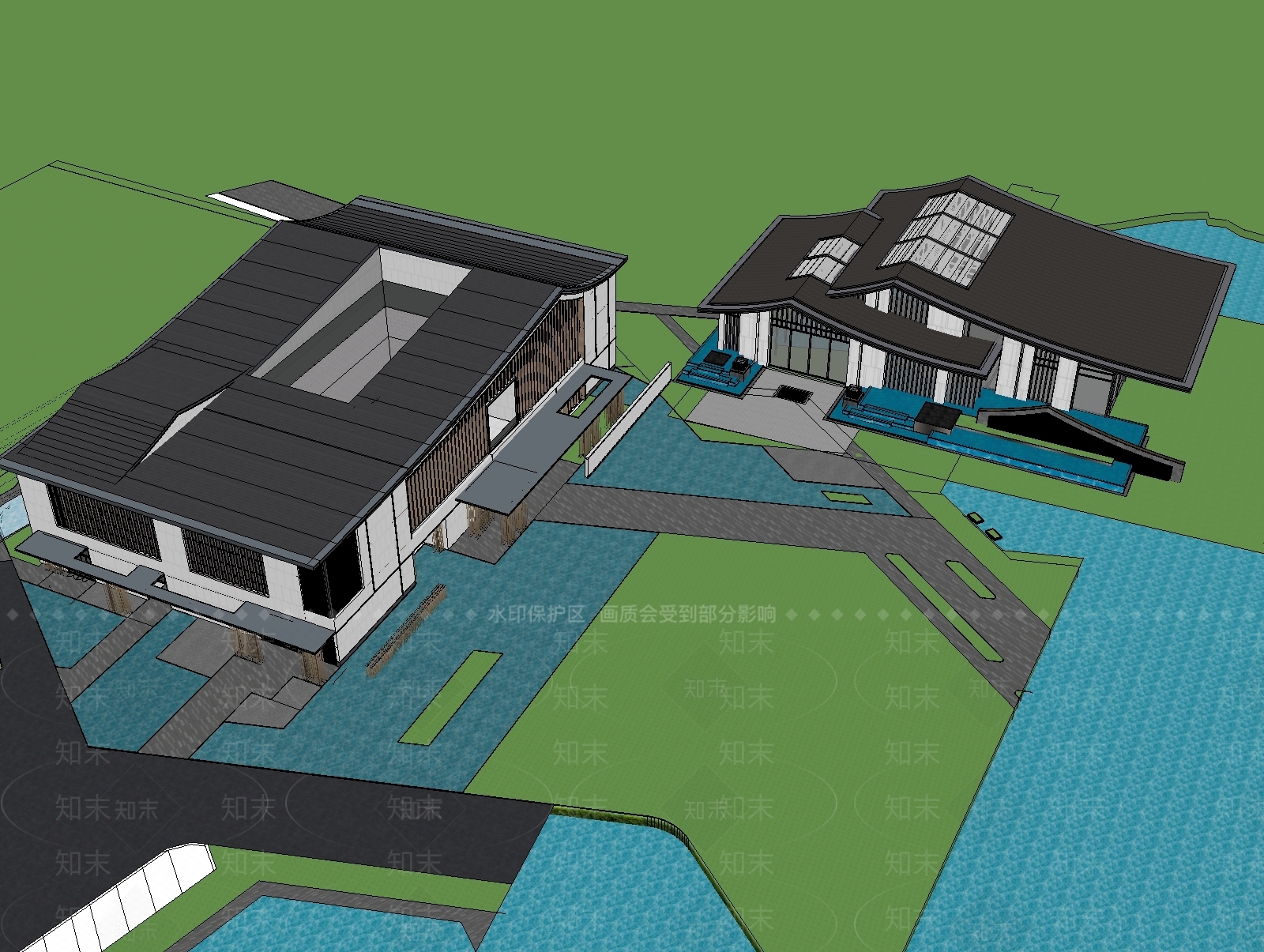 新中式展览馆建筑SU模型下载【ID:1132496882】
