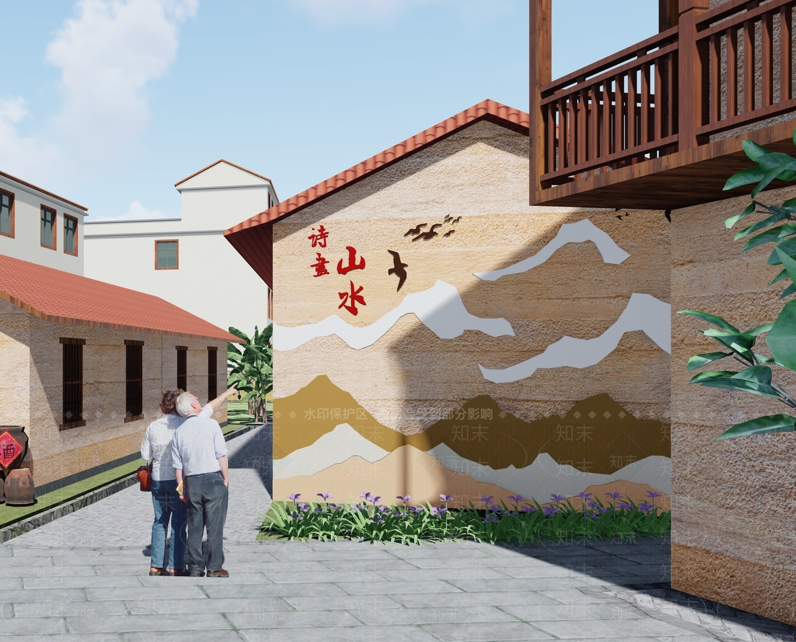 现代乡村庭院景观墙绘SU模型下载【ID:1132515011】