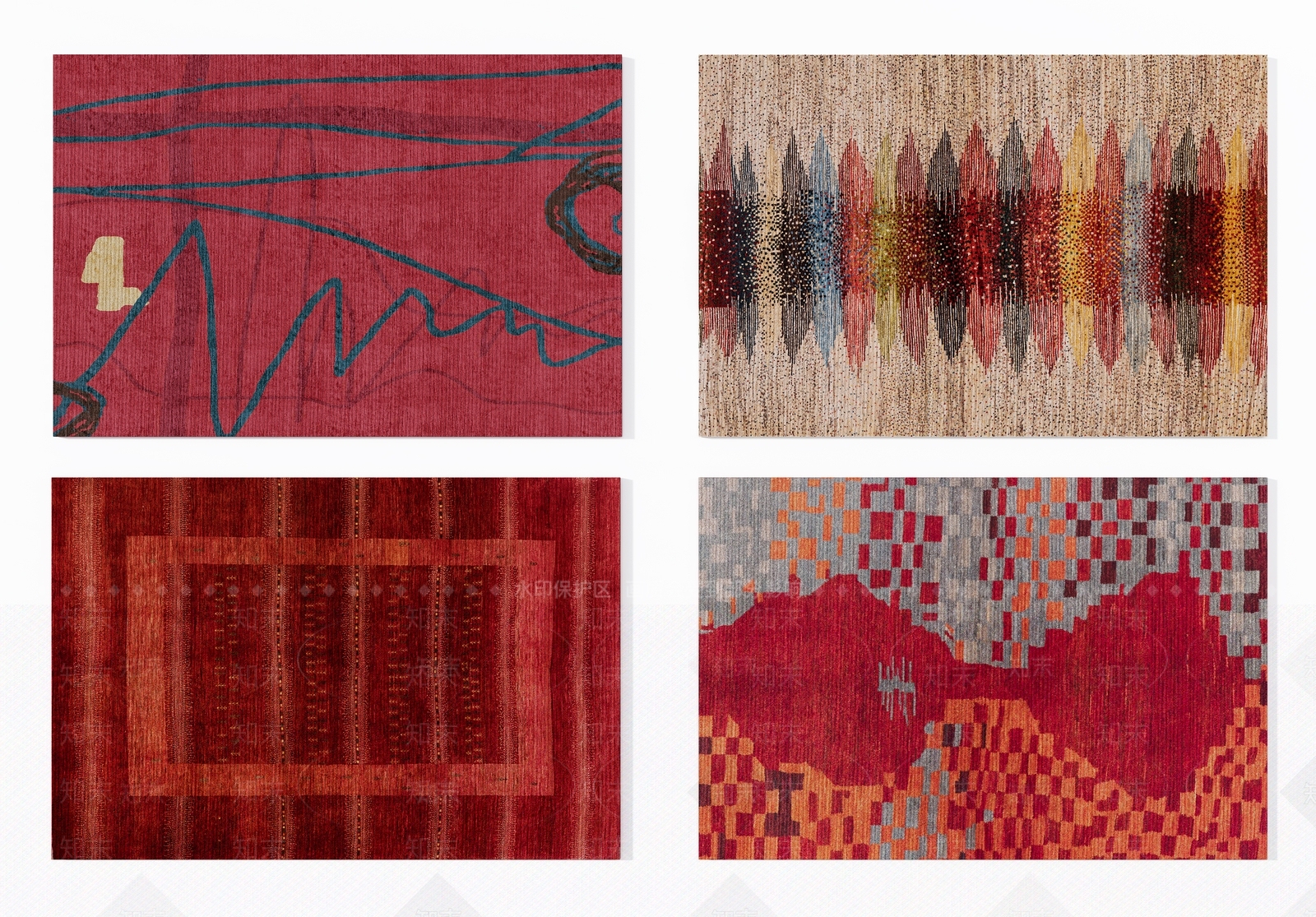 现代红色抽象艺术图案地毯组合3D模型下载【ID:1132515378】