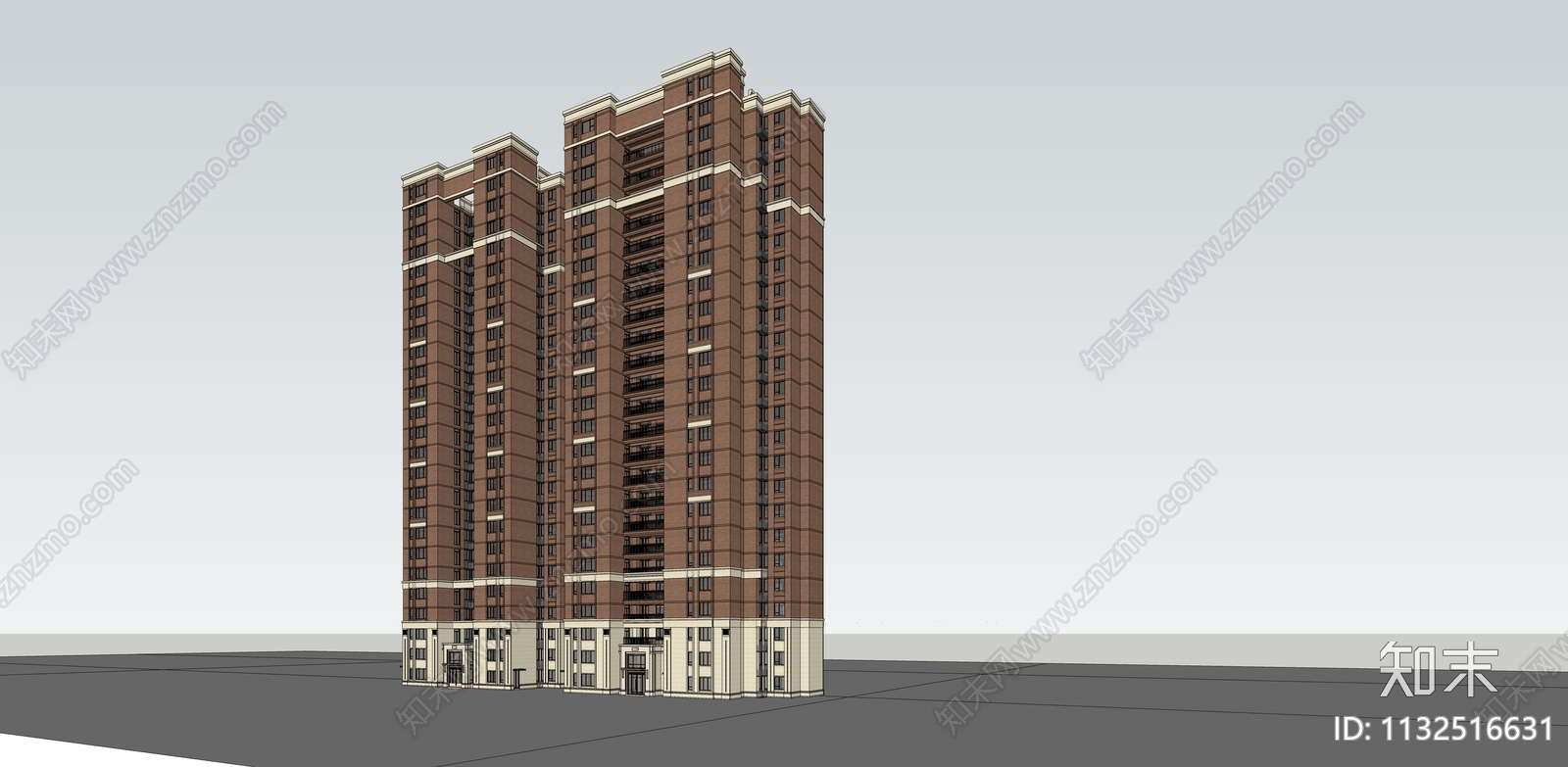 新古典红砖高层住宅SU模型下载【ID:1132516631】