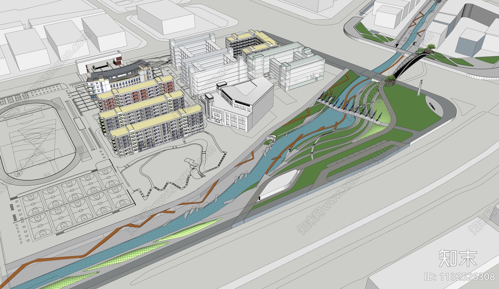 现代碧道滨水景观SU模型下载【ID:1132526308】