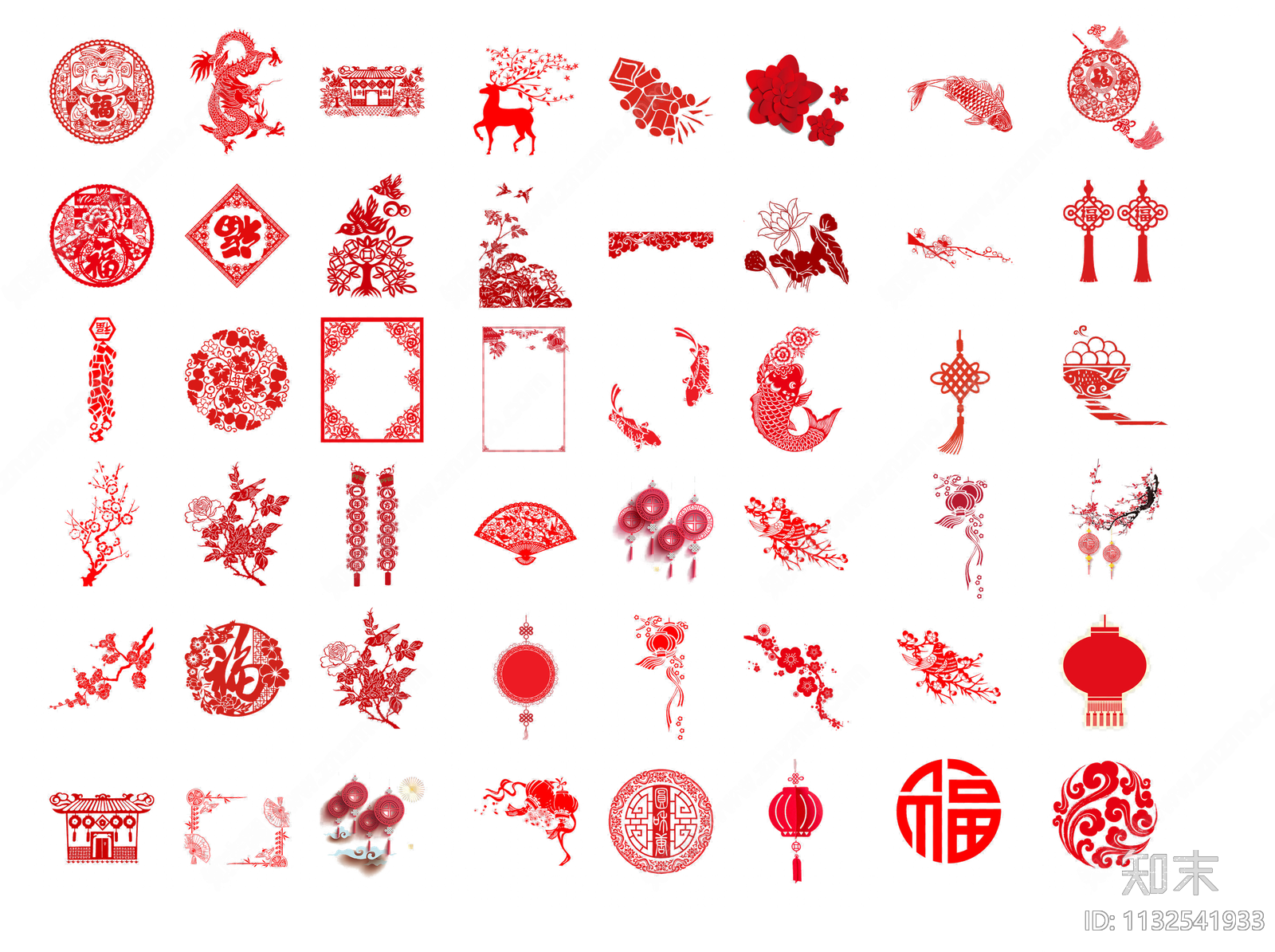 免抠新年剪纸窗花素材png下载【ID:1132541933】