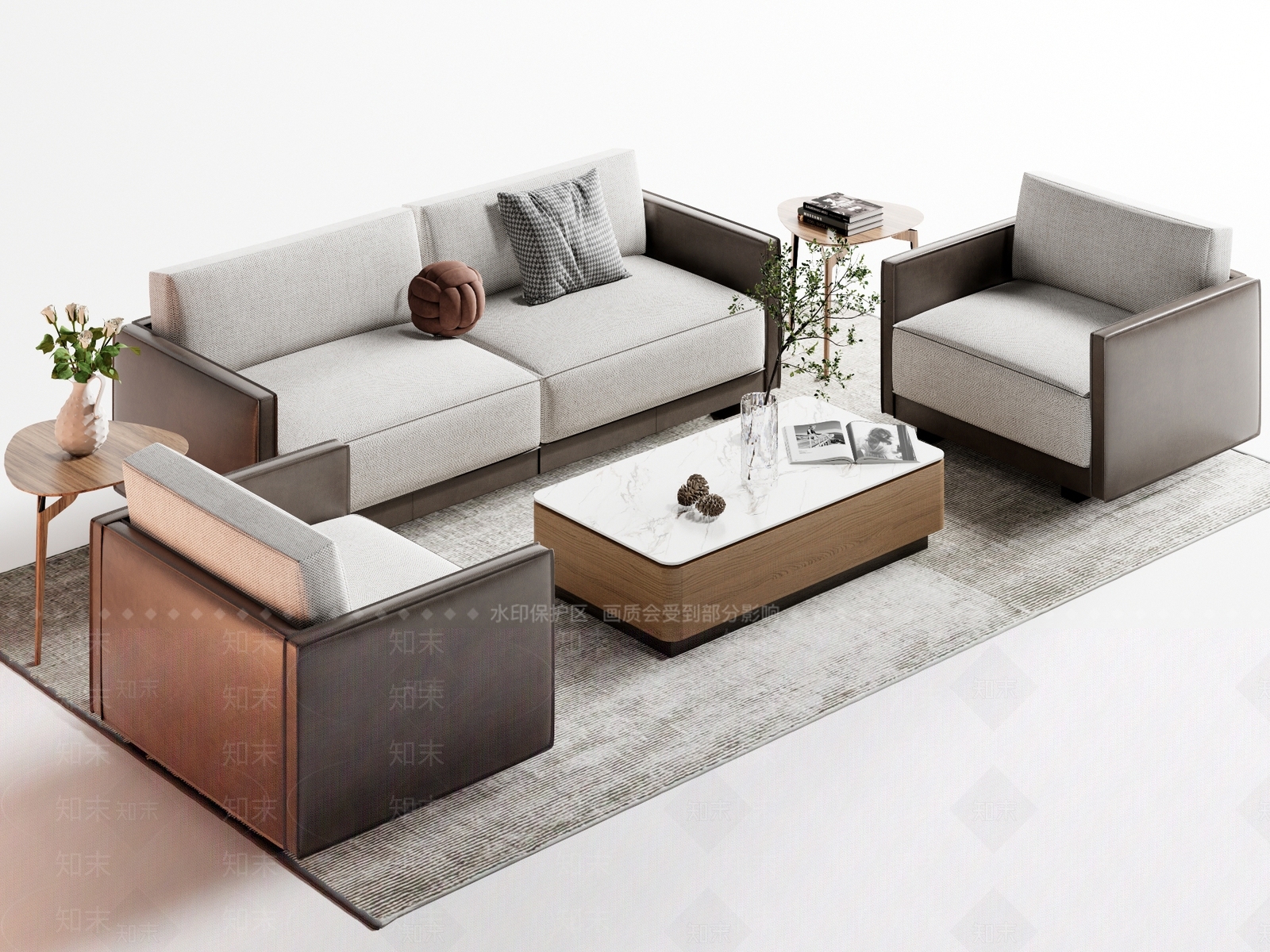 现代沙发茶几组合SU模型下载【ID:1132542168】