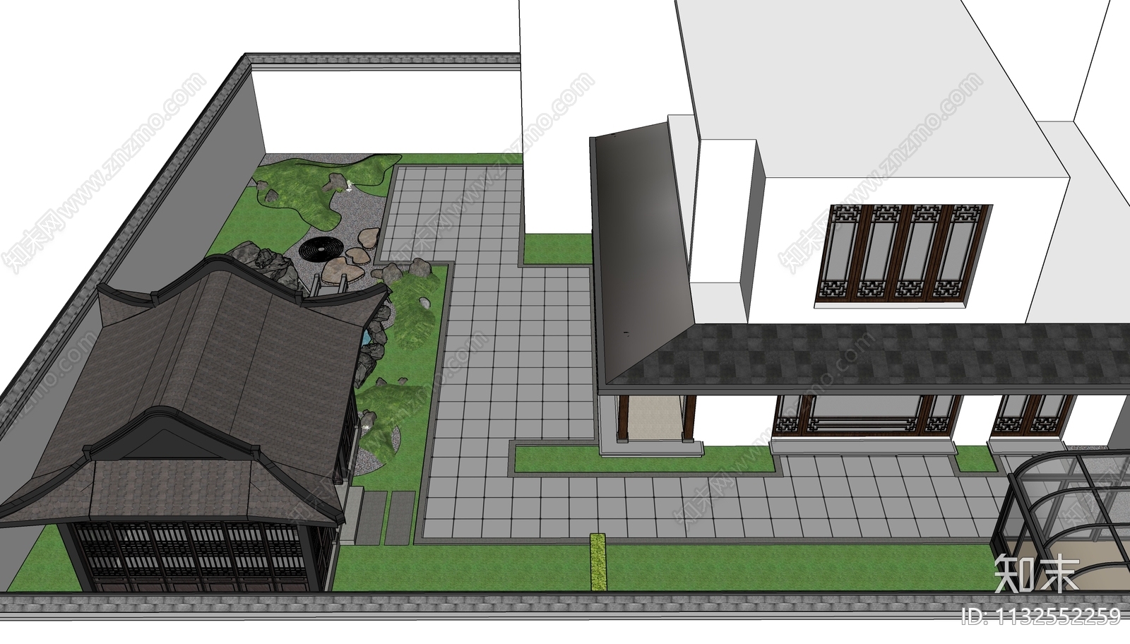 中式别墅庭院花园SU模型下载【ID:1132552259】